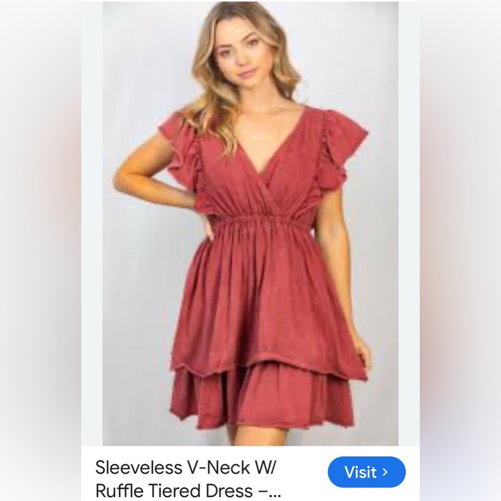 White Birch Sleeveless V-Neck Ruffle Dress in Burgundy